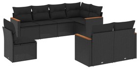 Set divani da giardino con cuscini 8 pz nero in polyrattan