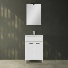 Mobile bagno a terra 60 cm bianco lucido con 2 ante lavabo e specchio Martha