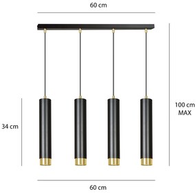 Lampadario 4 Luci Kibo In Acciaio Nero E Tubolari In Nero E Oro