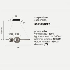 Lampada a sospensione FUFI a LED in metallo verniciato con 2 diffusori a palla NERO