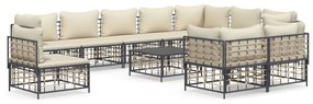 Set divani da giardino 11pz con cuscini in polyrattan antracite