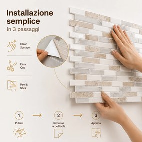 Set 10 Pannelli Adesivi Piastrelle da Parete 30,5 cm Decoro Mosaico Mattoncini in PVC Beige...