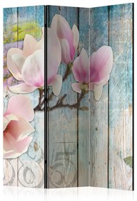 Paravento Fiori rosa su legno (3 pezzi) - collage di acquerelli e tavole