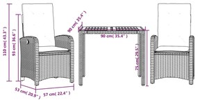 Set da Pranzo da Giardino 3 pz con Cuscini Nero in Polyrattan