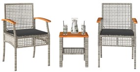 Set Da Bistrò 3 Pz Con Cuscini Grigio Polyrattan E Legno Acacia /