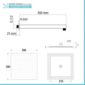 Set doccia quadrato cromo con braccio 40 cm + soffione in acciaio 25x25 cm