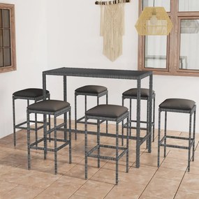 Set da bar da giardino 7 pz con cuscini in polyrattan grigio