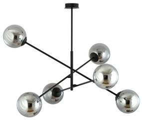 Lampadario 6 Luci Linear In Acciao Nero Con Bracci Regolabili E Vetro Fumè