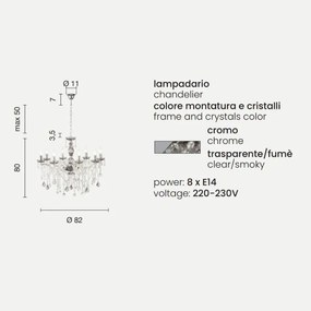 Lampadario a sospensione DAMASCO D82 cm con decorazioni in cristallo Fumč 8 Luci