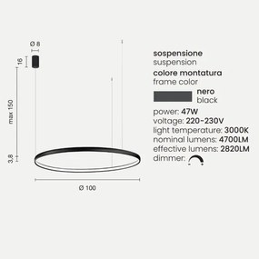 Lampada a sospensione con cerchio orizzontale in metallo Nero 100 cm NOVA