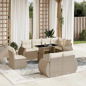 Set divano da giardino 9 pz con cuscini beige in polyrattan