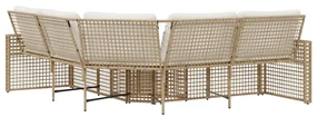 Divano da giardino a l con cuscini e pouf beige in polyrattan