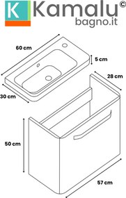 Kamalu - Mobiletto bagno 60 cm profondità ridotta colore bianco | LAC-IRIS-60-B