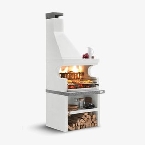 Palazzetti Levanzo barbecue angolare sinistro grezzo con cassetto cenere e braciere portalegna e piano in Marmotech grigio