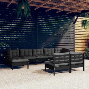 Set divani da giardino 9 pz con cuscini neri in legno di pino