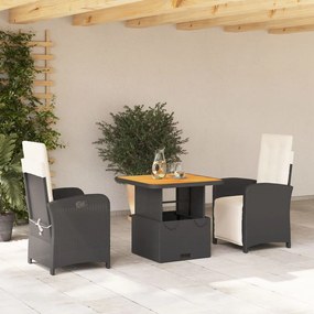 Set da pranzo da giardino 3 pz con cuscini nero in polyrattan