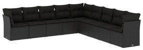 Set divani da giardino 9 pz con cuscini nero in polyrattan