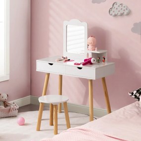 Costway Postazione trucco per bambina 2 in 1, Toeletta e sgabello in legno con specchio rettangolare 2 cassetti Bianco