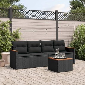 Set divani da giardino 5 pz con cuscini in polyrattan nero