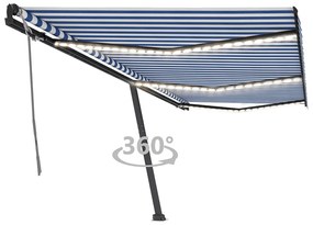 Tenda da Sole Retrattile Manuale con LED 600x350 cm Blu Bianco