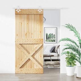 Porta Scorrevole Con Set Hardware 90x210 Cm Legno Massello Pino /