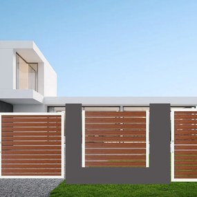 Cancello manuale battente Maia120-20 ALBA in alluminio rovere dorato telaio bianco, apertura centrale, L 400 x H 190 cm