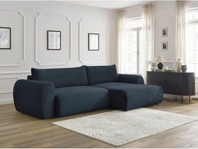 Divano angolare in blu scuro allungabile (con penisola a destra) con rivestimento in velluto a coste Lucien – Bobochic Paris