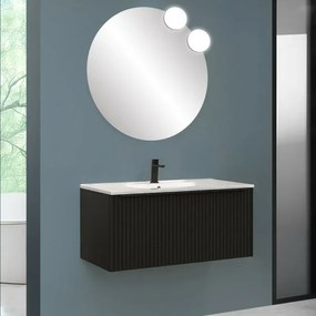 Mobile bagno sospeso 100 cm nero opaco cannettato con cassetto, specchio e lavabo Nara