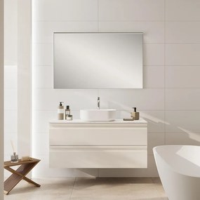 Mobile Pull L120 H55 P45 bianco opaco laccato 2 cassetti a chiusura ammortizzata e top gres Calacatta per lavabo in appoggio, piedini non inclusi