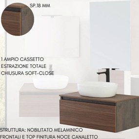 Mobile Bagno Sospeso con Lavabo da Appoggio e Specchio 1 Cassetto Salvaspazio in Legno  80 cm - Noce Canaletto