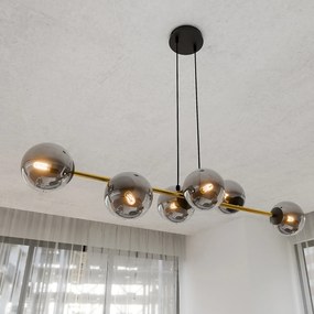 Sospensione Contemporanea Rhiannon 6 Luci In Acciaio Oro E Sfere In Vetro Fumè
