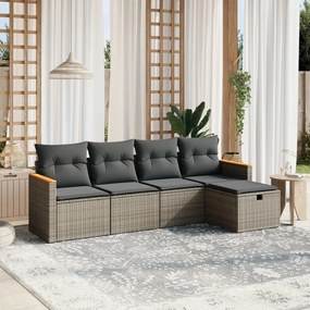 Set divano da giardino 5 pz con cuscini grigio in polyrattan