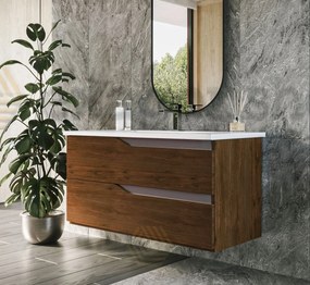 Mobile bagno noce tortora opaco 100x46 Gaia due cassetti con lavabo ad incasso e maniglie sagomate