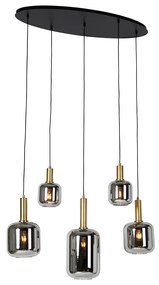 Lampada a sospensione intelligente nera con oro e vetro fumé ovale 5 luci incl. 5 Zigbee A60 - Zuzanna