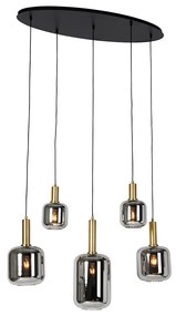 Lampada a sospensione smart nera con vetro oro e fumé ovale 5 luci incl. 5 Wifi G95 - Zuzanna
