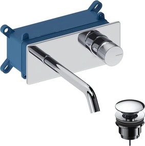 Rubinetto per lavabo Loop K a parete per lavabo bocca 18cm + corpo incasso + piletta di scarico + placa rettangolare cromato