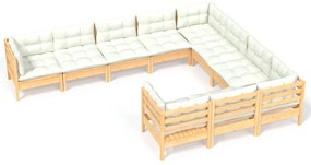 Set divani da giardino 10 pz con cuscini crema massello di pino