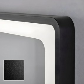 Specchio dagli angoli arrotondati con illuminazione LED in una cornice nera in alluminio