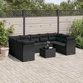 Set divani da giardino 10pz con cuscini in polyrattan nero