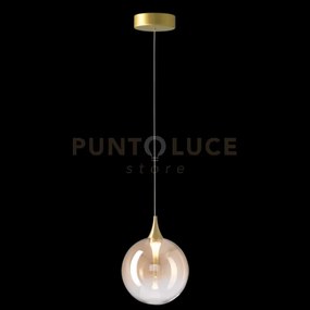 Lampada a sospensione bolla, metallo oro + paralume in vetro ambra,...