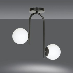 Lampadario 2 Luci Rama In Acciaio Nero A Bracci E Sfere In Vetro Opalino