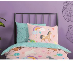 Set copripiumino e federa da bambini rosa/turchese in cotone per letto singolo ed esteso 140x220 cm Horses – Good Morning