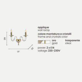 Applique RAVEL 2 luci in vetro lavorato a mano ORO