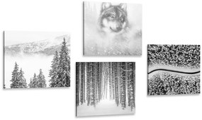 Set di quadri – Lupo nel bosco misterioso in bianco e nero