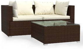 Set divani da giardino 3 pz con cuscini in polyrattan marrone