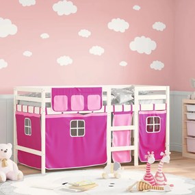 Letto A Soppalco Con Tende Bambini Rosa 80x200 Cm Massello Pino /