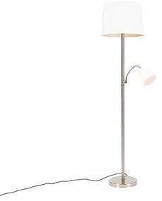 Lampada da terra intelligente in acciaio con paralume bianco incl. Wifi A60 ed E14 - Retro