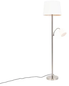Lampada da terra intelligente in acciaio con paralume bianco incl. Wifi A60 ed E14 - Retro