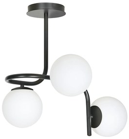 Lampadario 3 Luci Rama In Acciaio Nero A Bracci E Sfere In Vetro Opalino