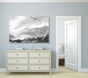 Quadro su tela – Volo di uccelli sopra il paesaggio in bianco e nero